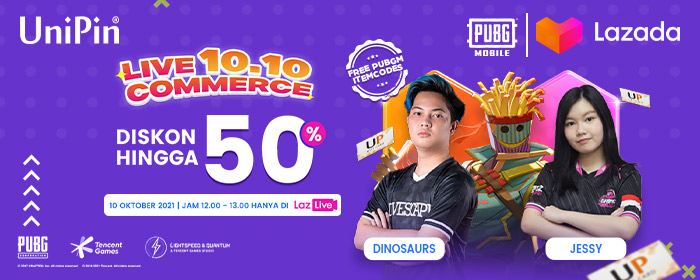 Live Commerce 10.10 UniPin dengan Lazada dan PUBGM Diskon 50%!